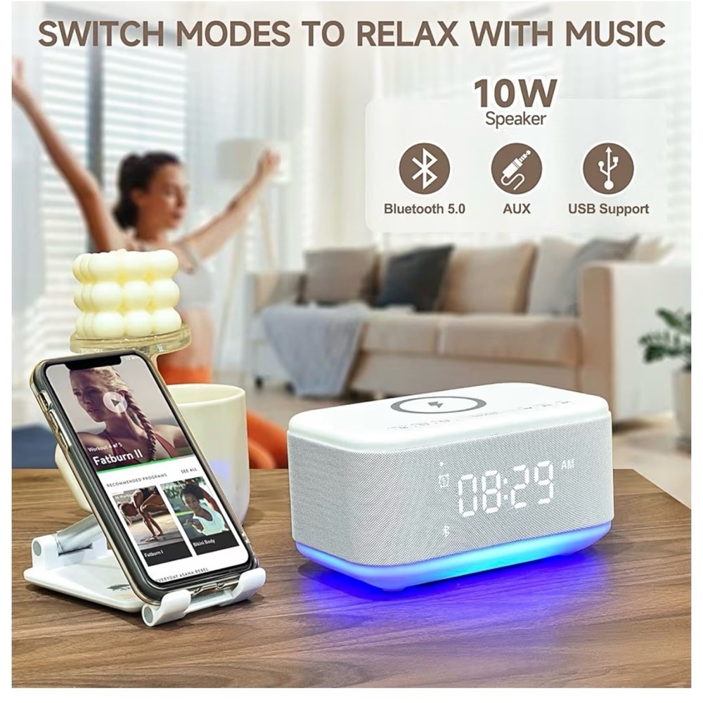 White Wireless Charging Alarm Clock with LED Display - Picture 8 of 10